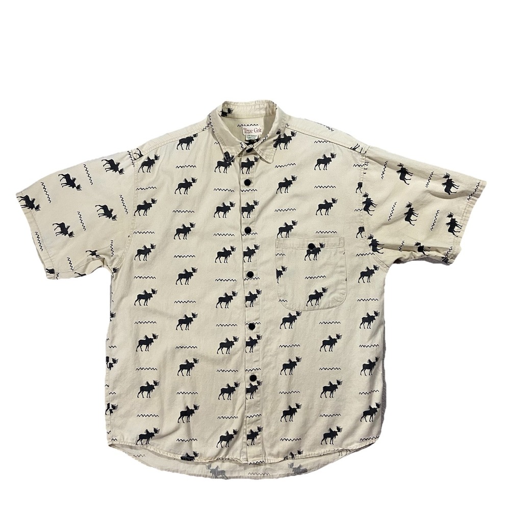 VTG True Grit Moose Novelty Print Short Sleeve Button Up Men's M Cabin Lodge